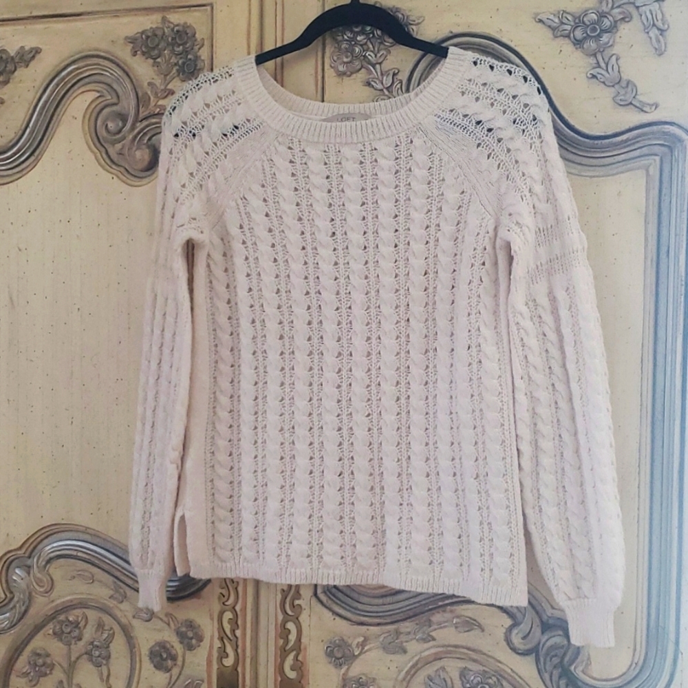Loft Petites women's ‎ holed sweater tan color scoop neck long sleeves